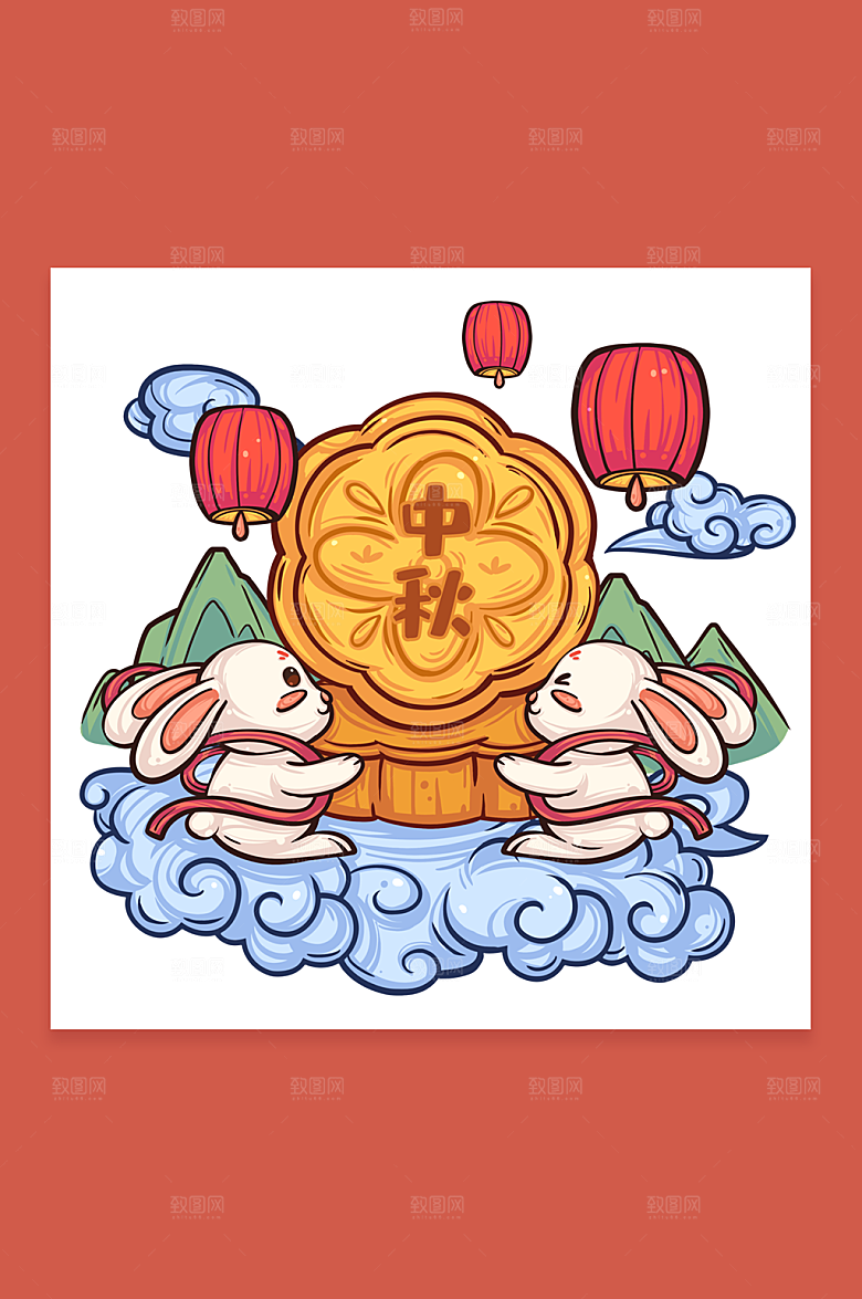 扁平花灯兔子中秋节人物插画模板