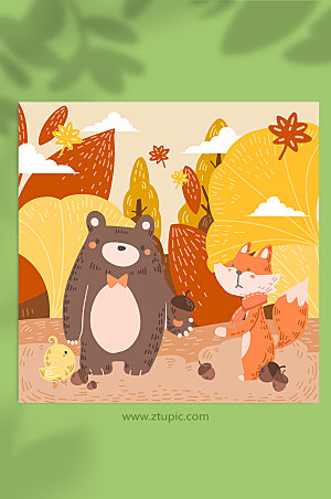 卡通棕熊狐狸秋季动物插画素材