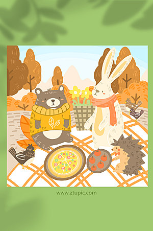 卡通棕熊兔刺猬秋游插画素材