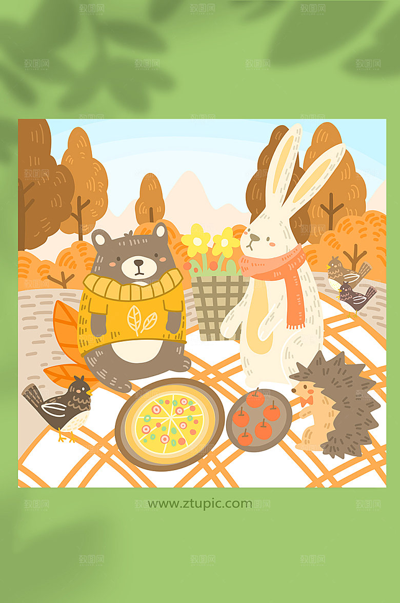 卡通棕熊兔刺猬秋游插画素材
