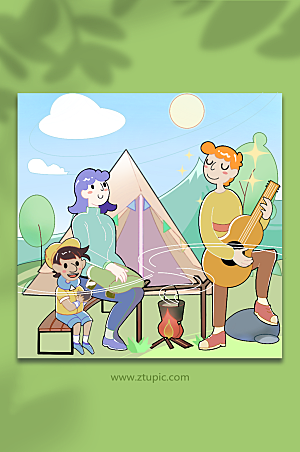 卡通一家人郊游露营人物插画素材