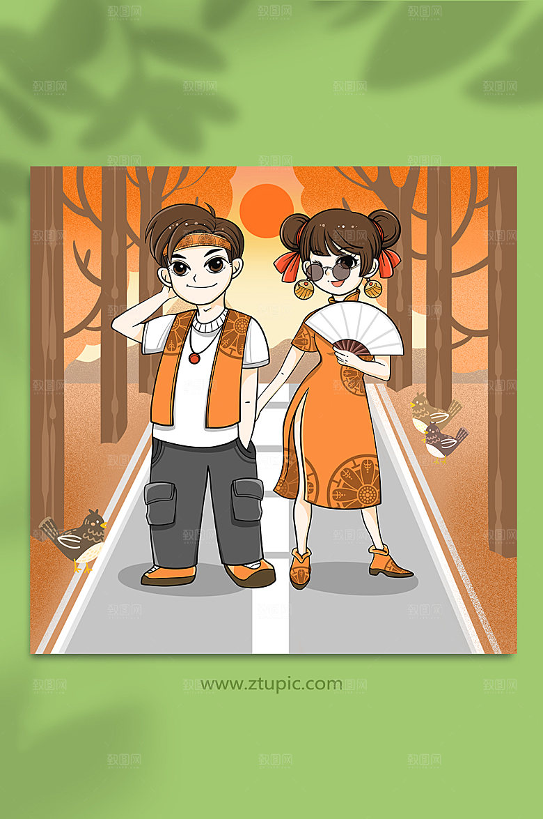 扁平婚纱照情侣秋季人物插画素材