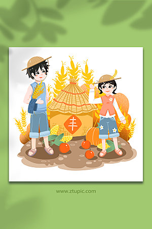 卡通秋季丰收农作物人物插画素材