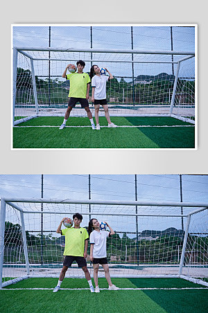 男女踢足球运动精修摄影图
