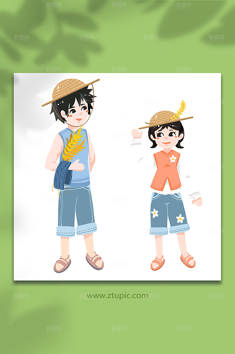卡通夫妻种田戴草帽人物插画