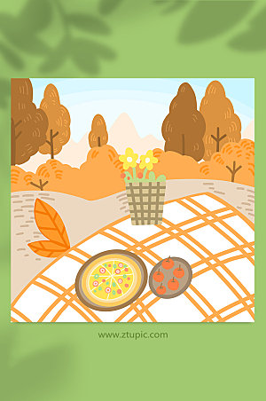 黄色秋季野餐旅行元素插画