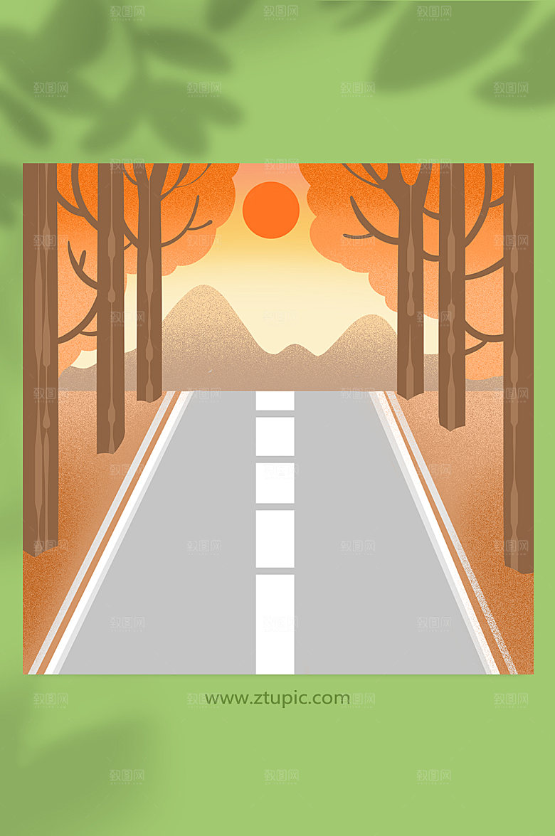 童话夕阳马路枫树林落日插画