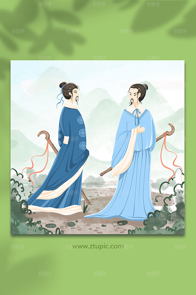 手绘登高送诗人人物插画水彩