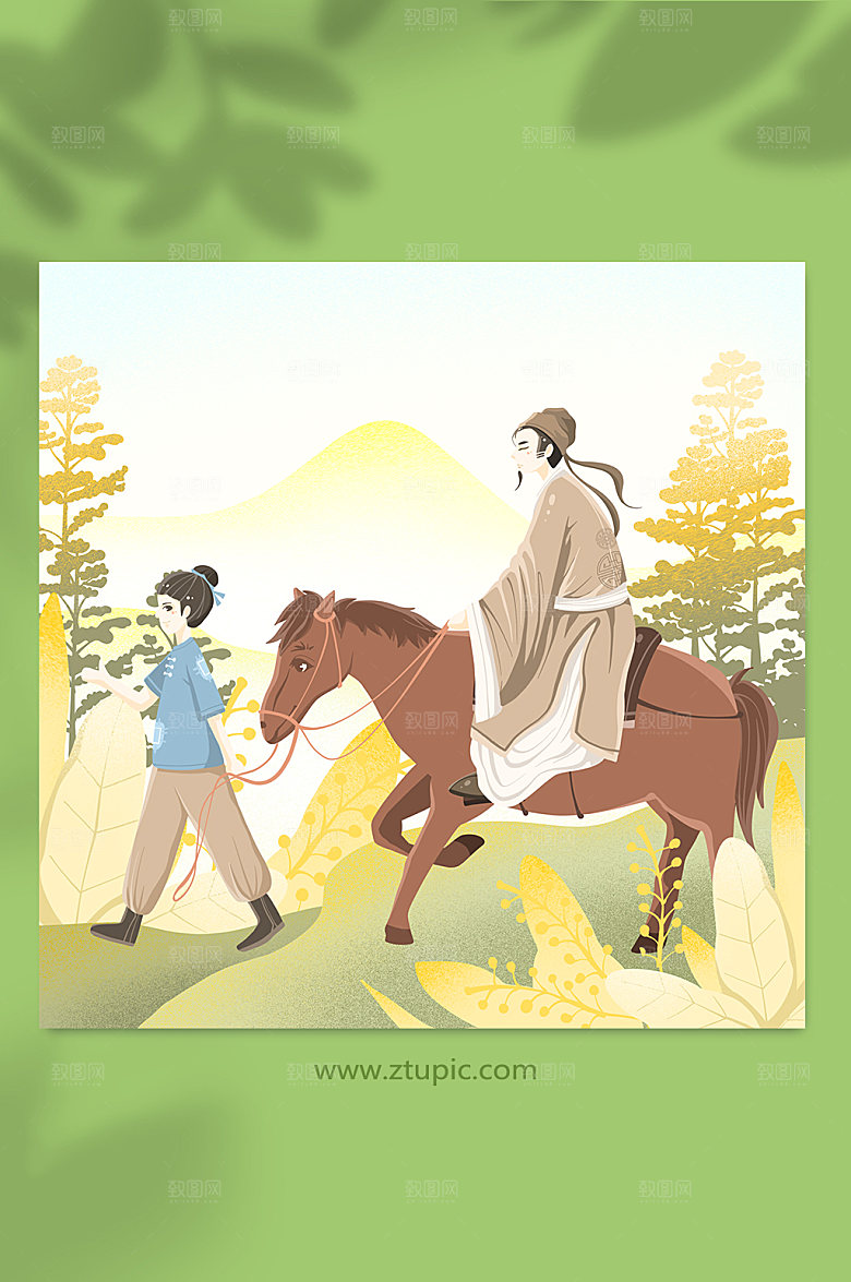 卡通送行踏青赋诗人物插画素材