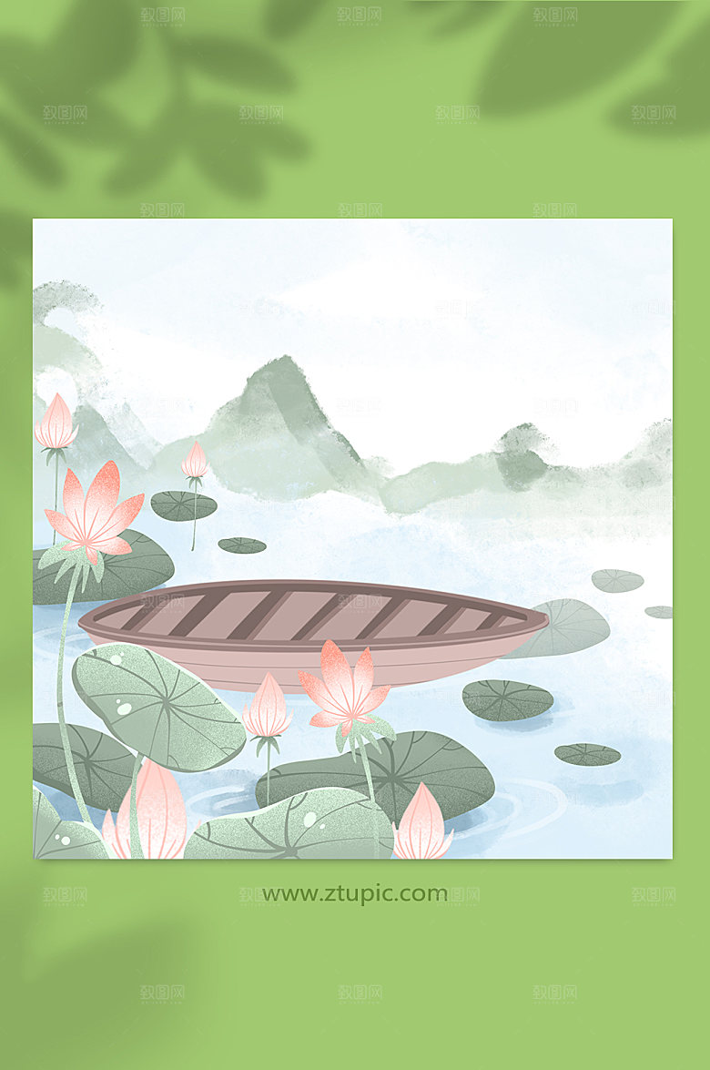 古风荷塘游船插画背景元素