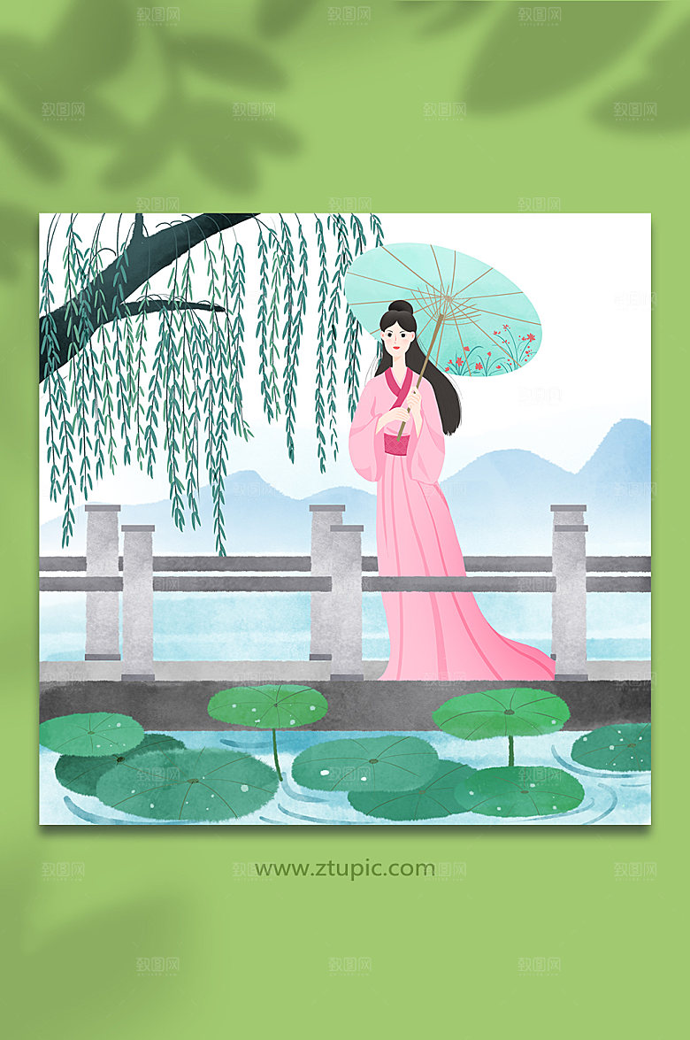 卡通西湖古代诗人人物插画素材