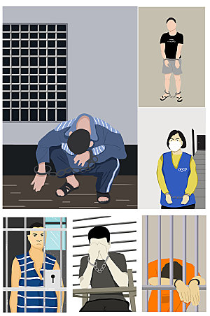 卡通被关押囚犯人物插画素材