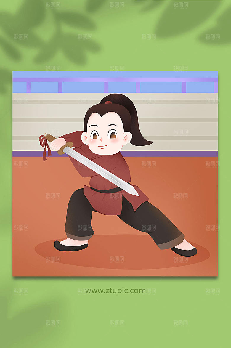 卡通舞剑剑术武术人物插画素材