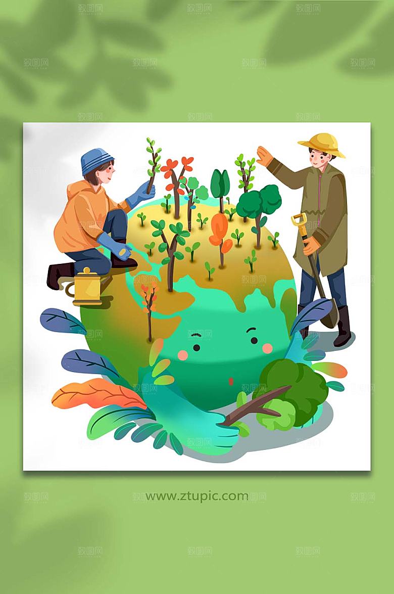 扁平退沙还林植树造林插画素材