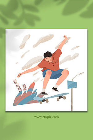 扁平红色男生滑板运动插画设计