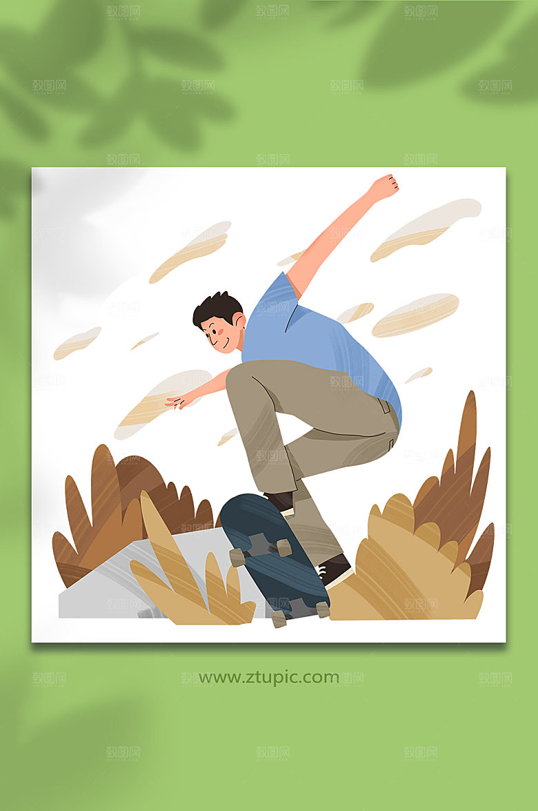 扁平男生滑板运动人物插画设计