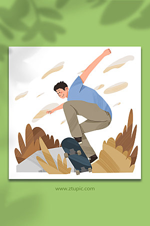 扁平男生滑板运动人物插画设计