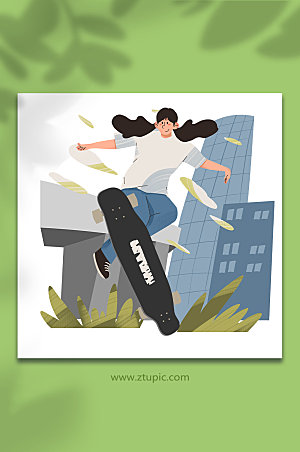 卡通女生滑板运动人物插画素材