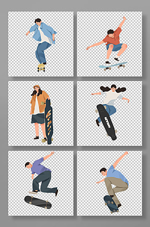 卡通街头滑板运动人物组合插画