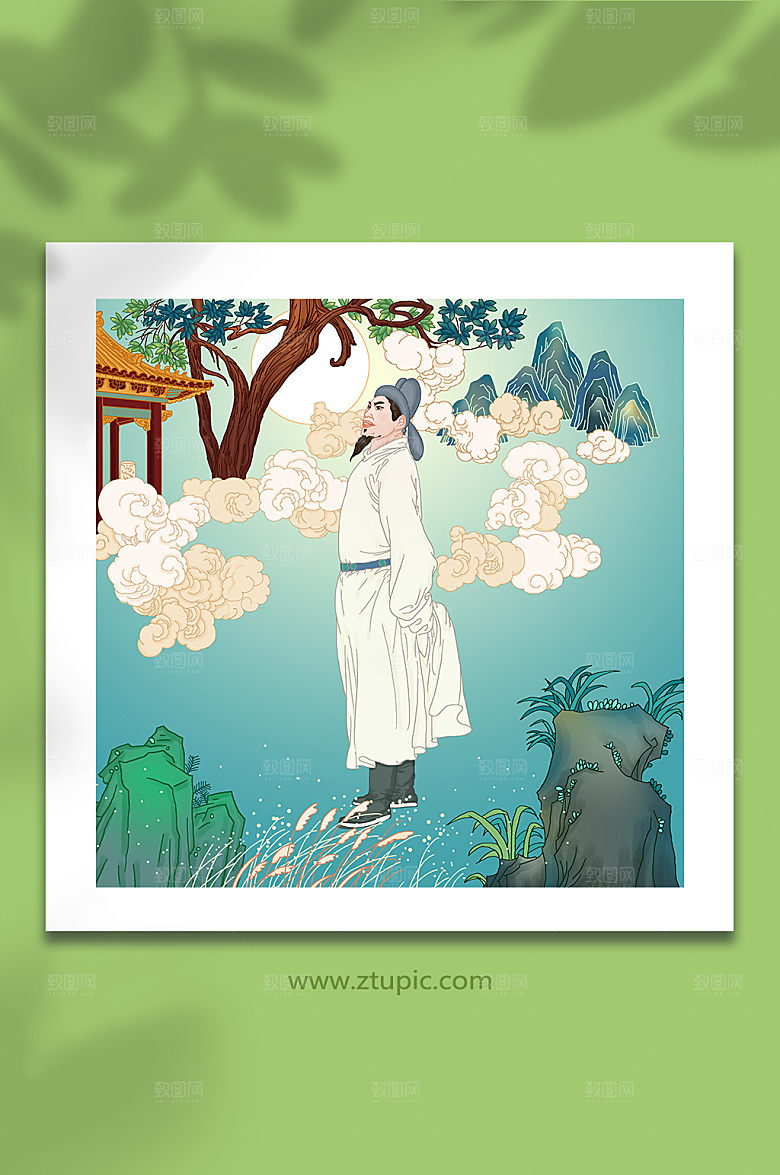卡通李白月光诗人人物插画素材
