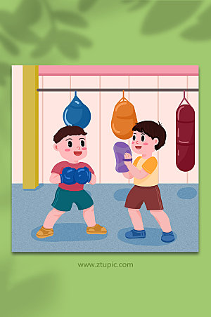 卡通少儿拳击训练人物插画素材