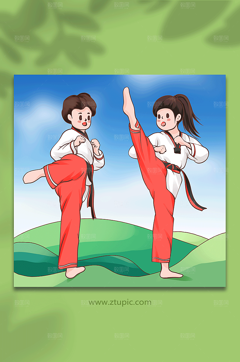 扁平男孩女孩跆拳道插画素材