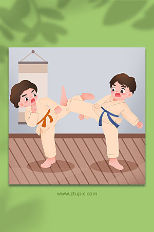 卡通较量踢腿跆拳道人物插画素材