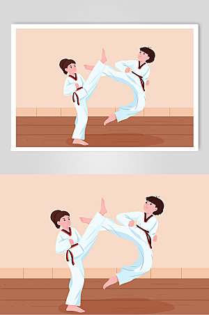 卡通女孩跆拳道比赛插画素材