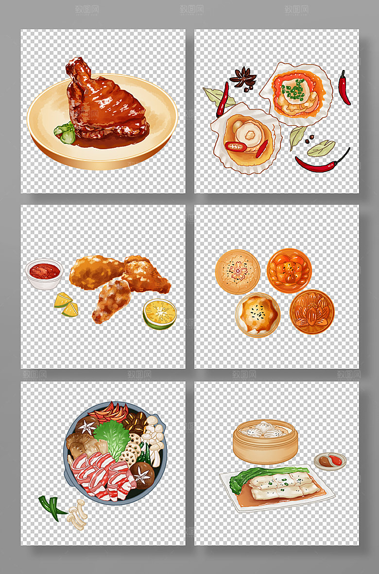 卡通肘子海鲜火锅美食插画素材