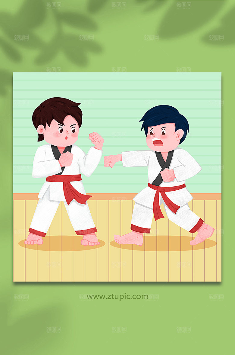 扁平少儿运动双人跆拳道插画素材