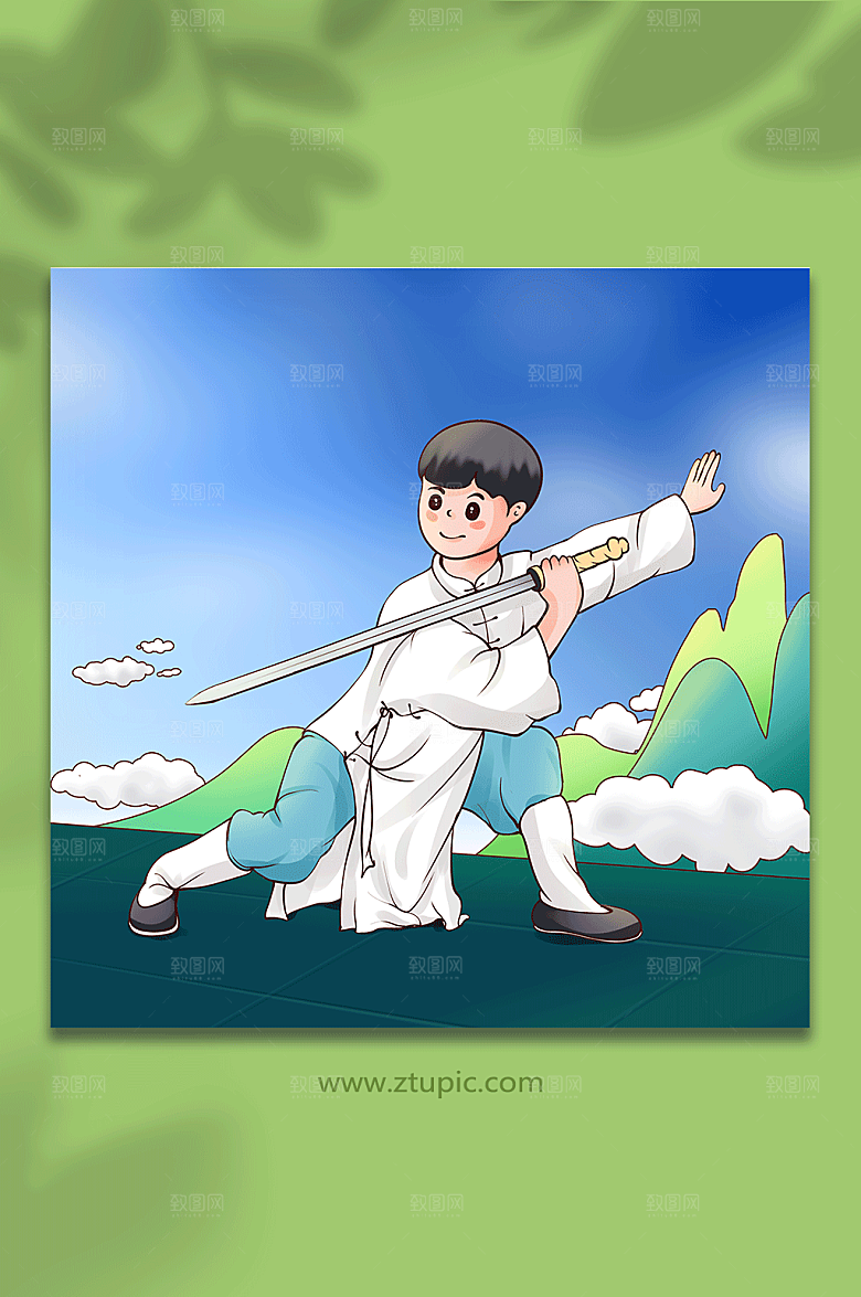 扁平武侠剑术武术人物插画素材