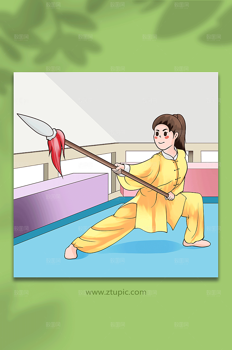 卡通武术棍女侠武术人物插画设计
