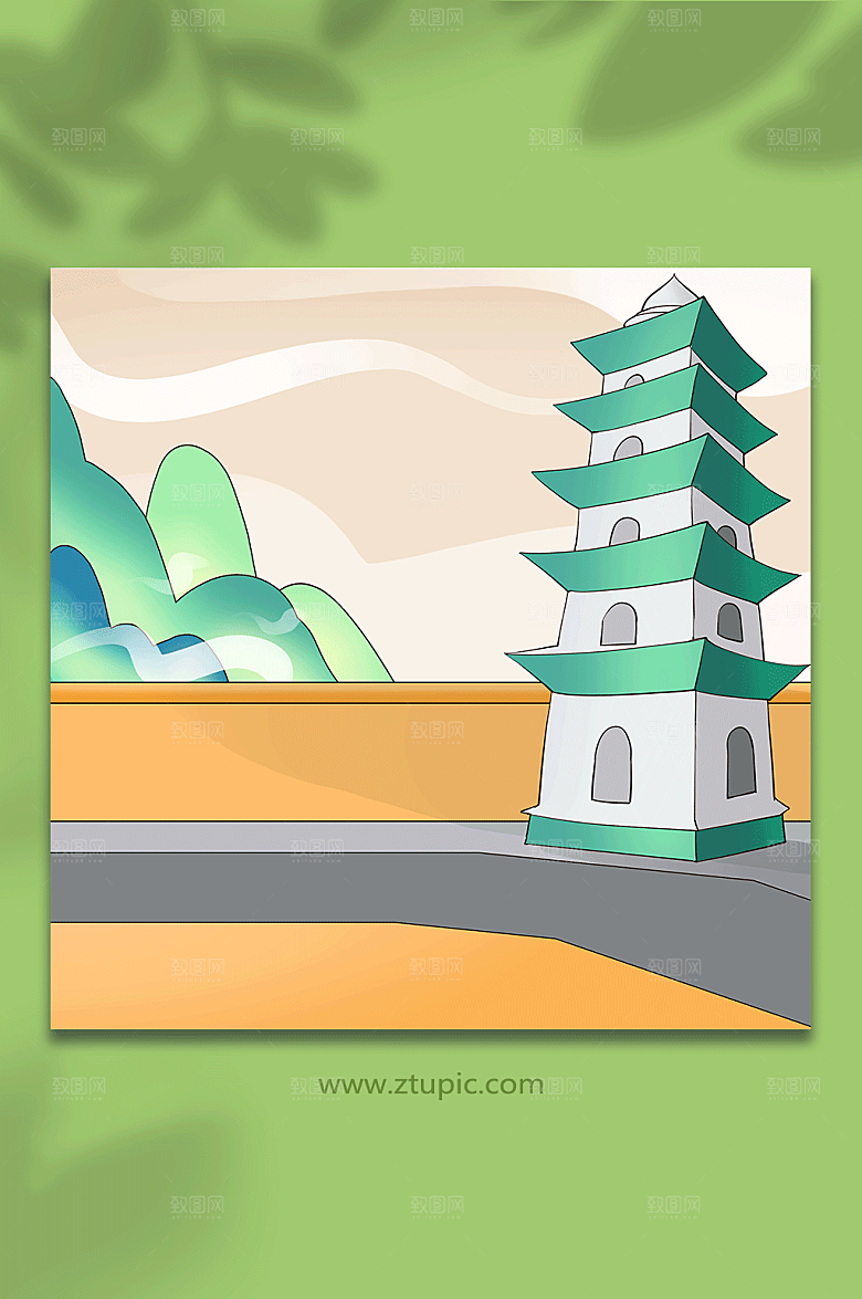 卡通古风山水古楼背景插画
