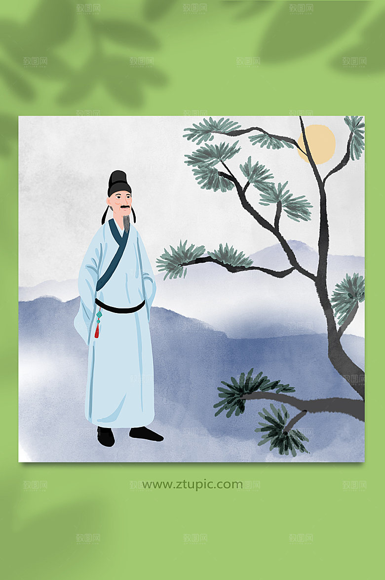 卡通古风王维诗人人物插画素材