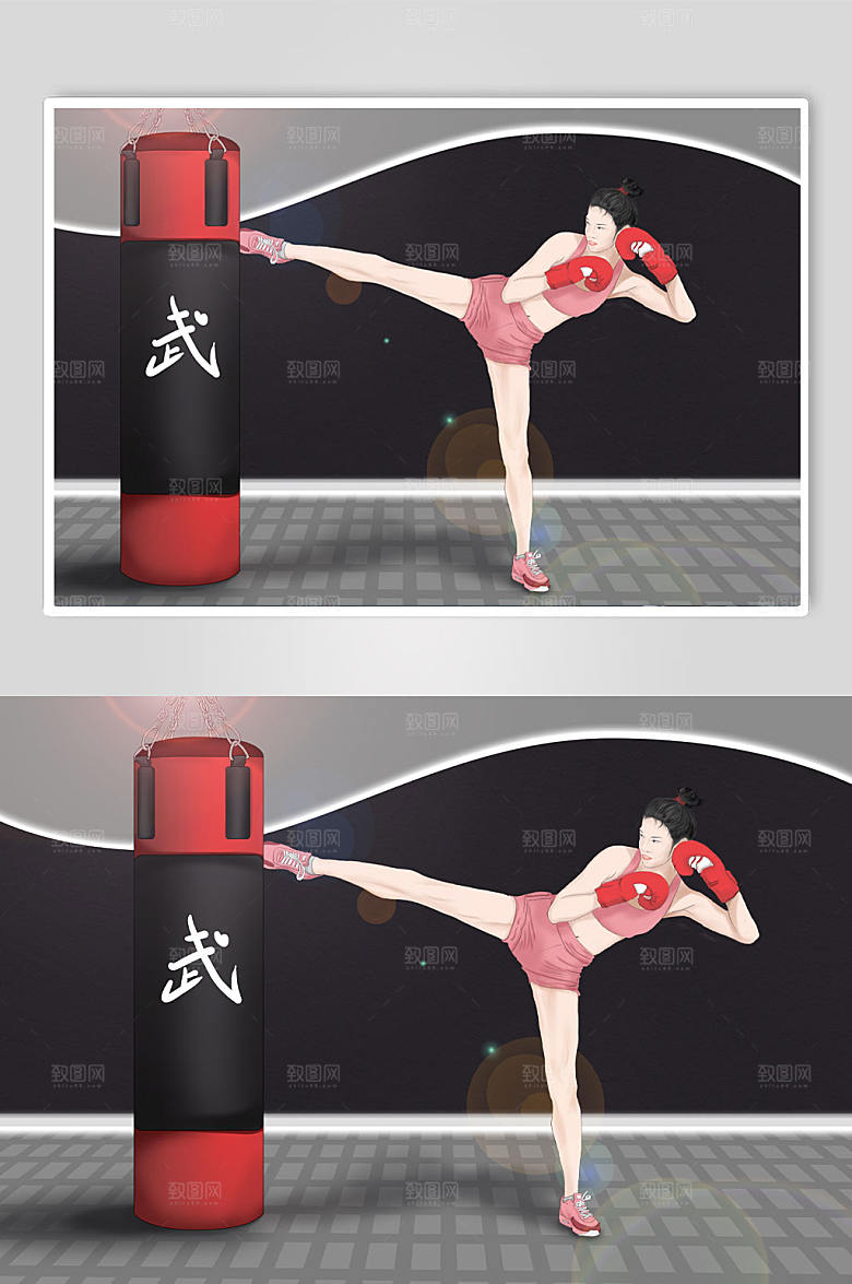 深色拳击比赛拳击人物插画设计
