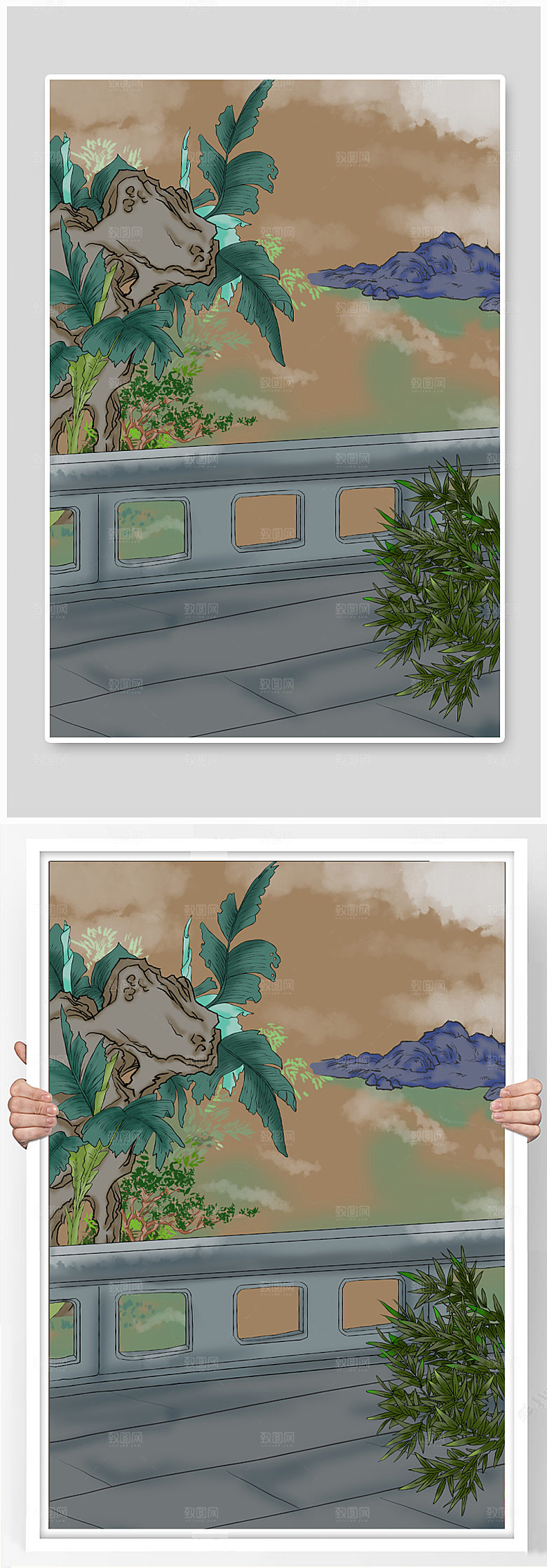 原创假山竹子古诗词插画场景