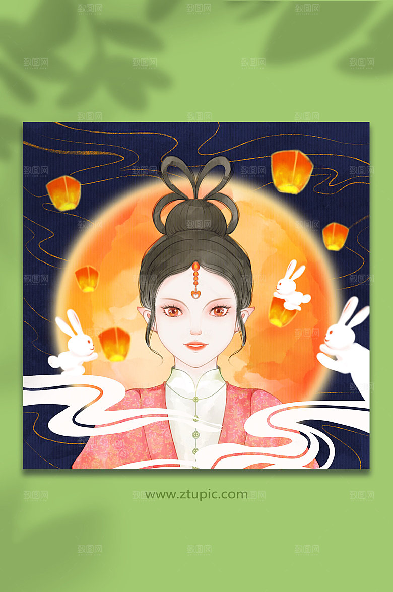 卡通中秋节嫦娥玉兔插画设计