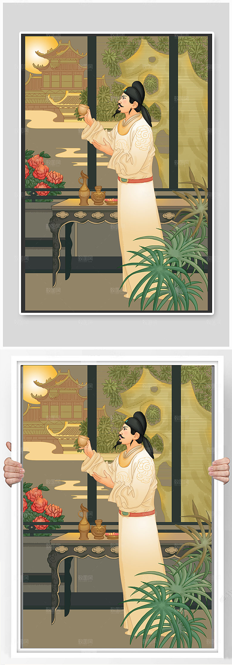 卡通李白月下诗人词人物插画素材