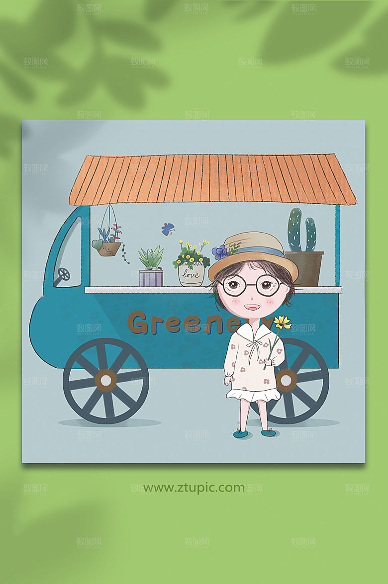 卡通小女孩摆摊人物插画设计