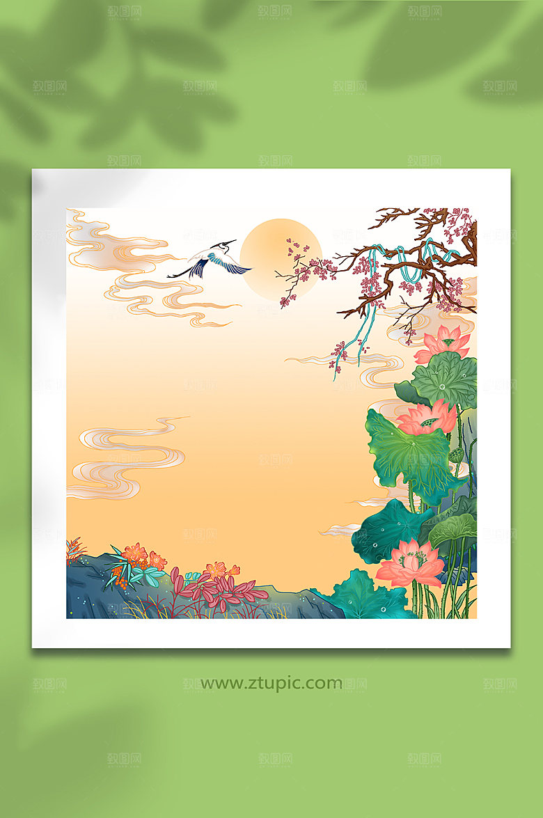 古典荷花仙鹤山水古代插画