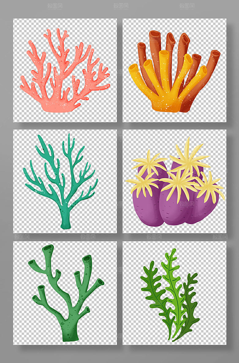 卡通珊瑚海葵海底植物插画素材