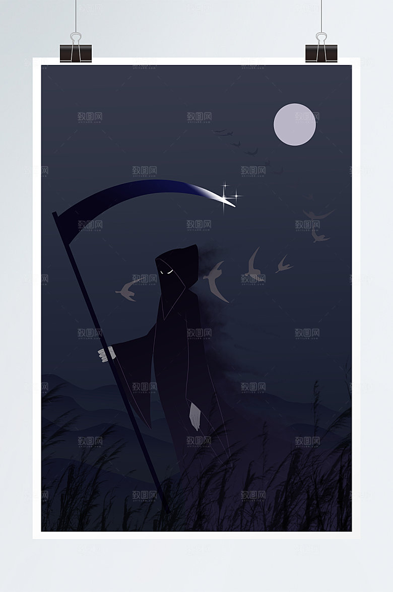 卡通鬼屋骷髅人死神人物插画素材