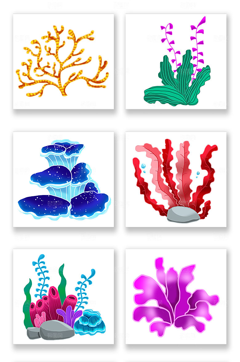 扁平海底多类植物插画素材