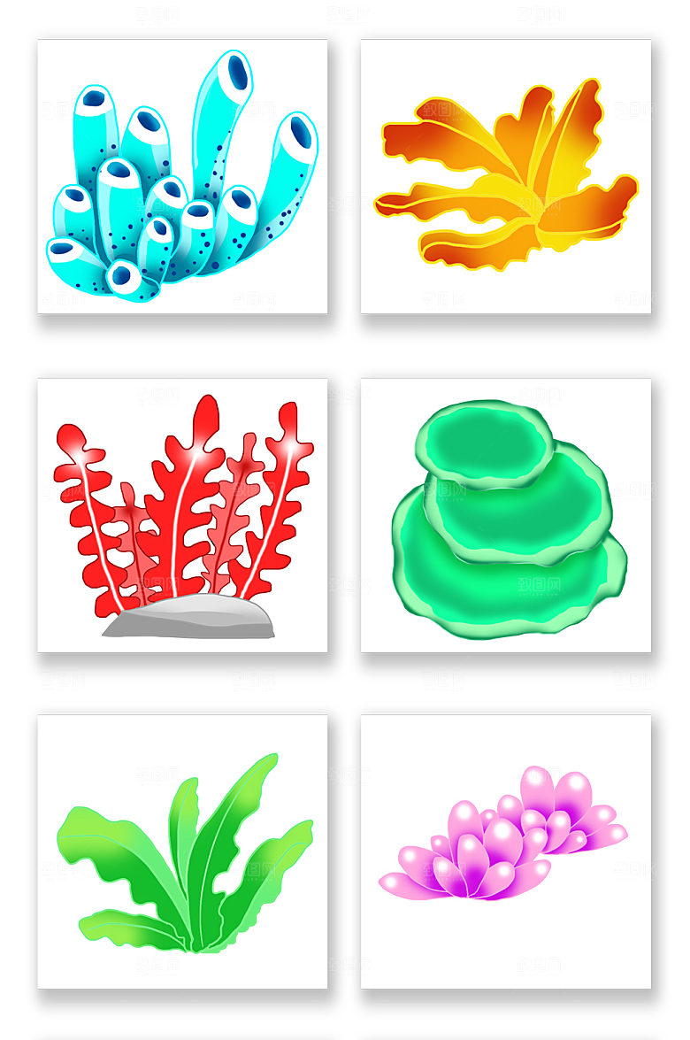 扁平海底多类植物元素插画素材