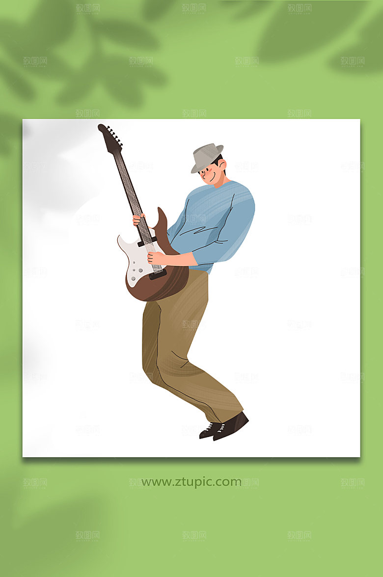 蓝衣男生贝斯乐器人物插画