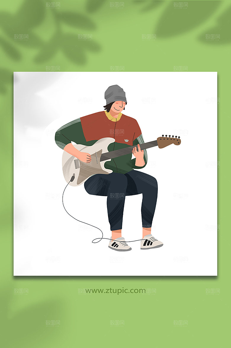 卡通男生摇滚贝斯乐器人物插画