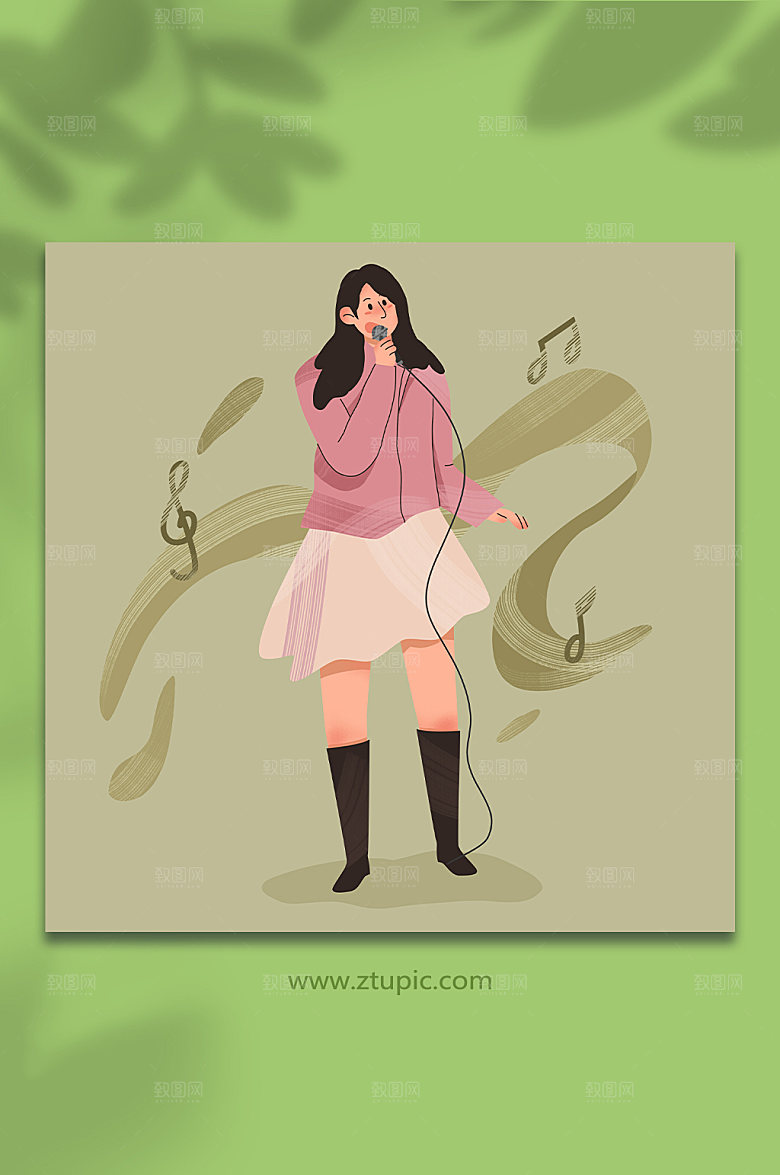 卡通女歌手唱歌音乐人物插画设计