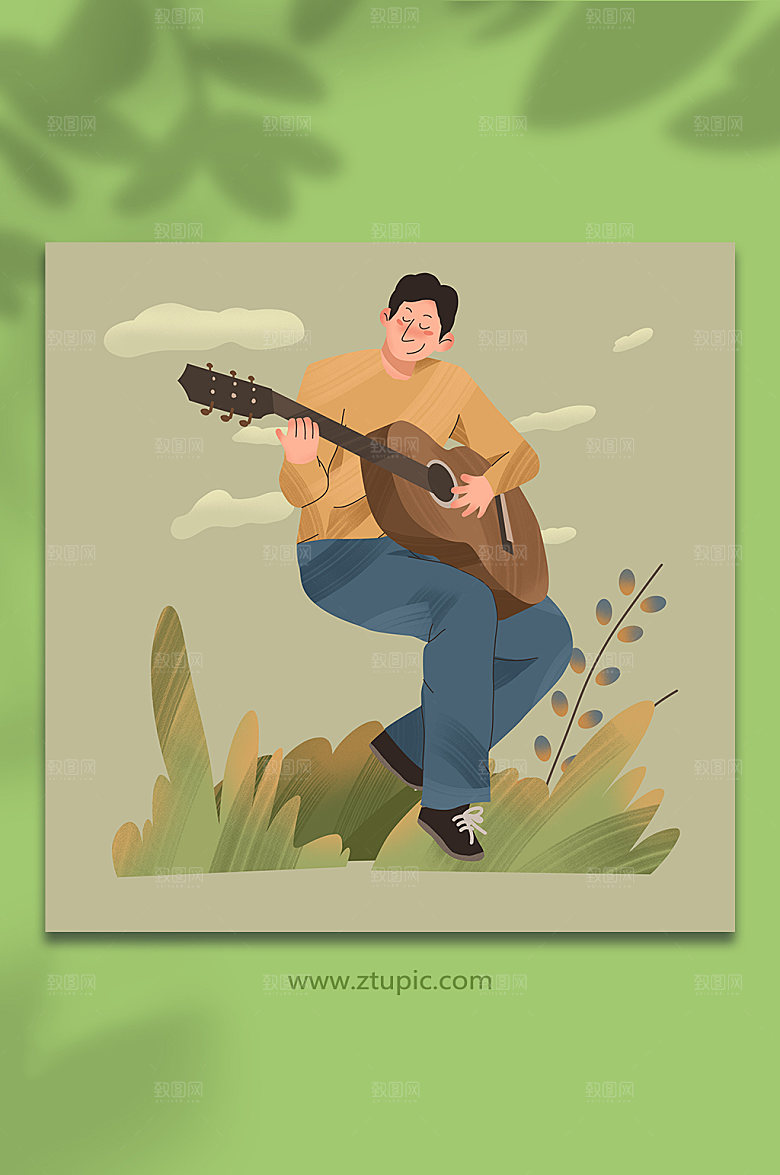卡通男生吉他音乐节人物插画设计