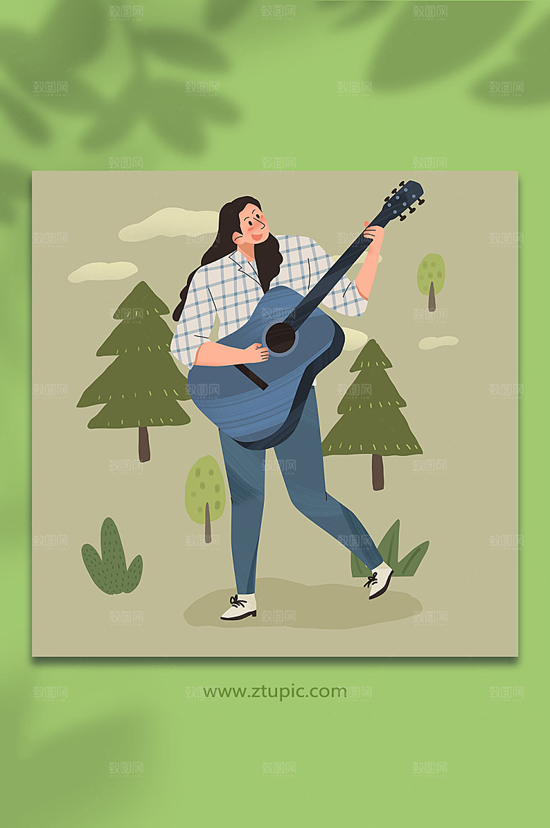 手绘女生吉他音乐人物插画素材