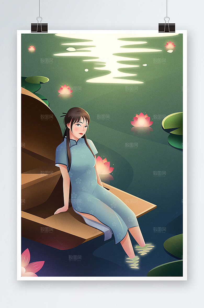 卡通旗袍美女放花灯人物插画素材